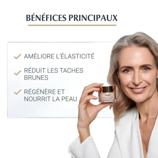 Bénéfices principaux de la crème Eucerin Hyaluron-Filler + Elasticity : améliore l'élasticité, réduit les taches brunes, et nourrit la peau.