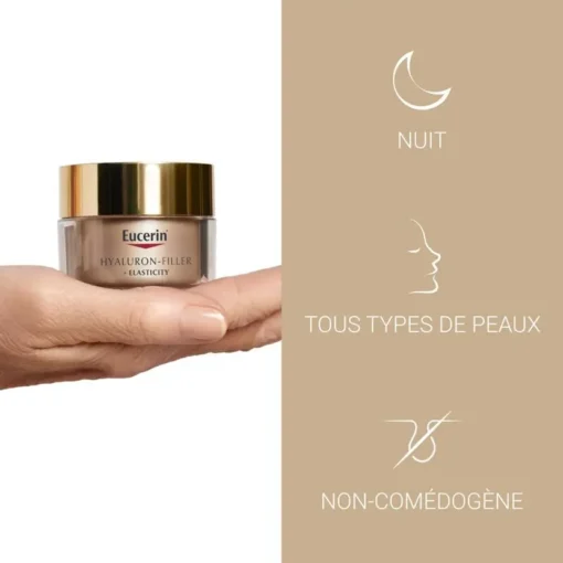 Crème de nuit Eucerin Hyaluron-Filler + Elasticity, non-comédogène, adaptée à tous types de peaux.