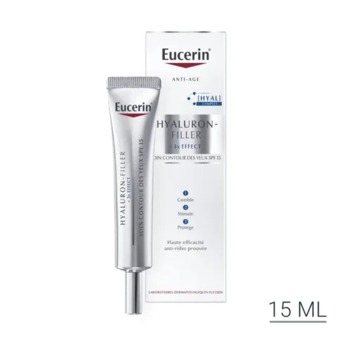 Flacon de 15 ml du soin contour des yeux Eucerin Hyaluron-Filler avec SPF 15 et formule 3x effet.