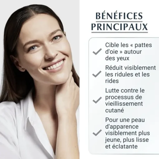 Bénéfices principaux du soin Eucerin Hyaluron-Filler : réduction des rides et ridules, lutte contre le vieillissement cutané.