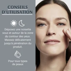 Conseils d’utilisation du soin contour des yeux Eucerin Hyaluron-Filler, à appliquer matin et soir.