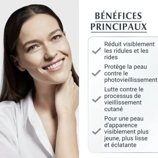 Les principaux bénéfices de la crème de nuit Eucerin Hyaluron-Filler : réduit les rides et protège contre le vieillissement.