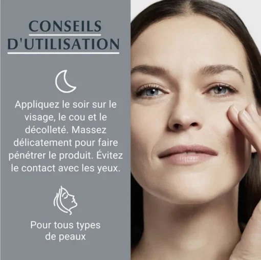 Appliquez la crème de nuit Eucerin Hyaluron-Filler sur le visage, cou et décolleté, tous types de peaux.