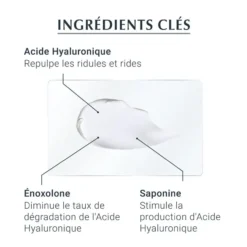 Ingrédients clés de la crème Eucerin Hyaluron-Filler : acide hyaluronique, énocholone et saponine.