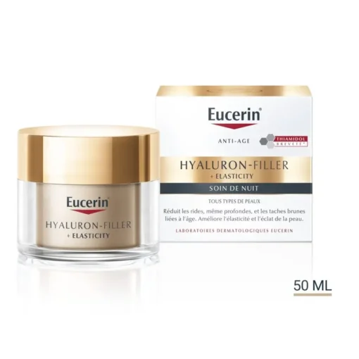 Flacon de 50 ml de la crème de nuit Eucerin Hyaluron-Filler + Elasticity pour tous types de peaux.