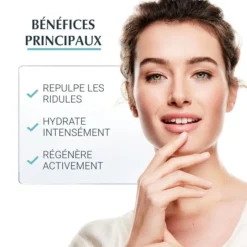 Bénéfices du soin Eucerin Hyaluron-Filler : repulpe les ridules, hydrate intensément et régénère activement la peau.