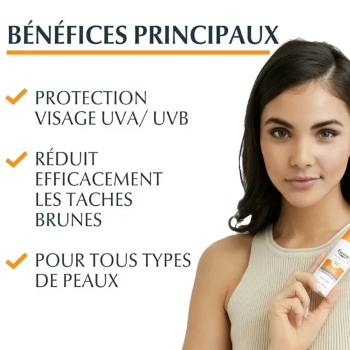 Protection UVA/UVB, réduction des taches brunes, et adapté à tous types de peaux avec le fluide solaire Eucerin Pigment Control SPF 50+.