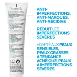 Arrière du tube Effaclar Duo+ SPF 30 avec détails sur les propriétés anti-marques et anti-récidive.