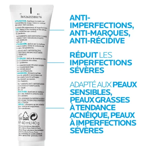 Arrière du tube Effaclar Duo+ SPF 30 avec détails sur les propriétés anti-marques et anti-récidive.