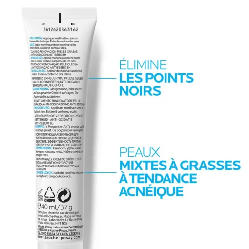 Étiquette arrière du soin La Roche-Posay Effaclar K(+) 40 ml, éliminant les points noirs pour peaux mixtes à grasses.