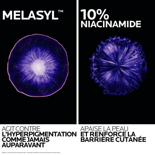 Gel Mela B3 avec 10% de niacinamide et Melasyl, combat les taches pigmentaires et renforce la barrière cutanée.