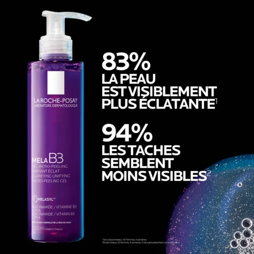 Efficacité du gel Mela B3 La Roche-Posay, améliore l'éclat de la peau et réduit la visibilité des taches.