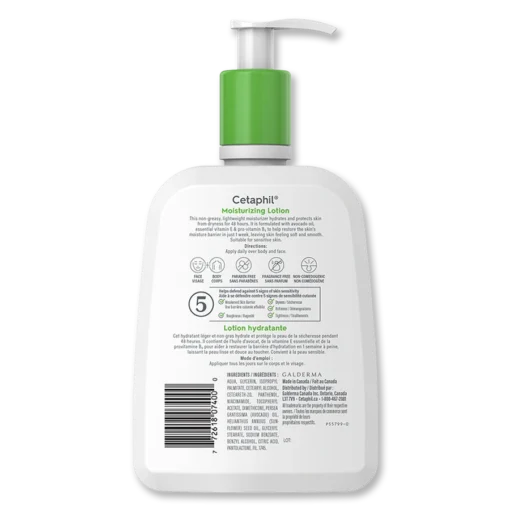 Dos de la lotion hydratante Cetaphil avec ingrédients et conseils d'utilisation, 500ml