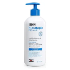 Flacon de 400 ml de ISDIN Nutratopic PRO-AMP Lotion Corporelle Emolliente pour les peaux atopiques.