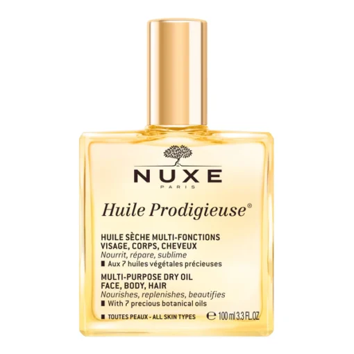 Flacon de l'Huile Prodigieuse de Nuxe, huile sèche multi-usages pour visage, corps et cheveux, 100 ml.