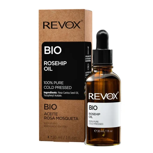 Huile de rose musquée Revox Bio avec sa boîte, flacon de 30 ml.