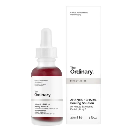 Flacon de The Ordinary AHA 30% + BHA 2% Peeling Solution avec sa boîte.