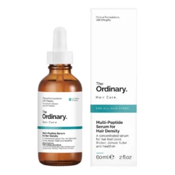 Flacon et boîte de The Ordinary Multi-Peptide Serum pour la densité des cheveux, 60 ml.