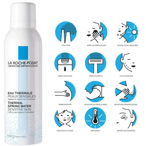 Différentes utilisations de l'eau thermale La Roche-Posay, adaptée à la pollution, coups de soleil et rougeurs.