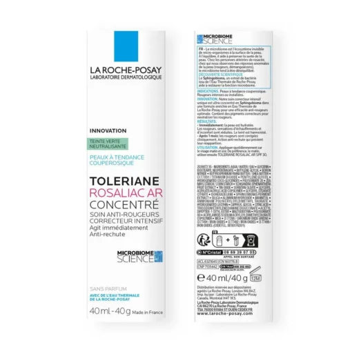 Boîte et étiquette du soin La Roche-Posay Toleriane Rosaliac AR Concentré 40 ml, avec informations sur le microbiome et la formule anti-rougeurs.