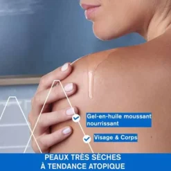 Application de gel-en-huile nourrissant pour peaux très sèches à tendance atopique, adapté au visage et corps.