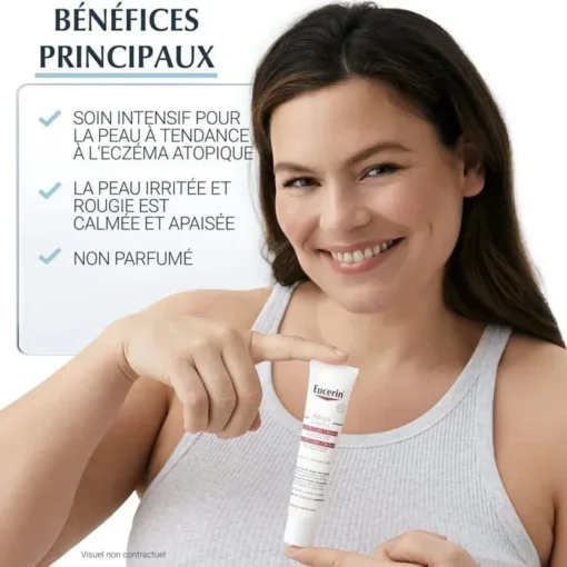 Les principaux bénéfices de Eucerin AtopiControl : apaise et calme la peau atopique, non parfumé.