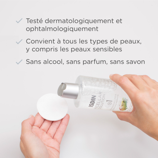 Eau micellaire ISDIN testée dermatologiquement, sans alcool ni parfum.