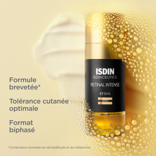 Flacon ISDIN Retinal Intense avec formule brevetée et texture biphasée.