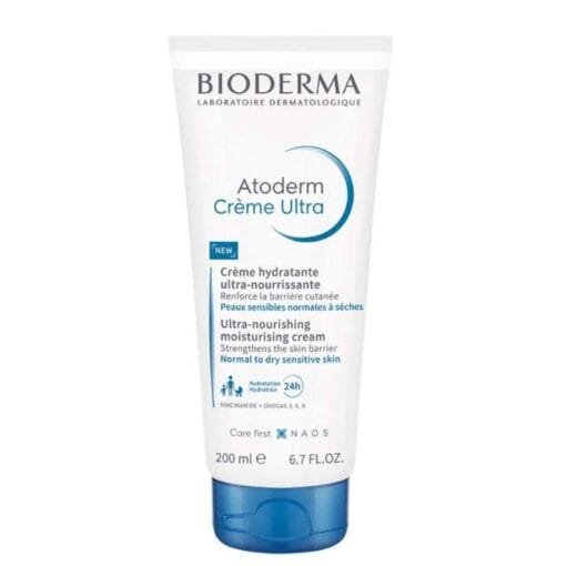 Tube de Bioderma Atoderm Crème Ultra, crème hydratante ultra-nourrissante pour peaux sensibles normales à sèches, renforce la barrière cutanée, 200 ml.