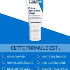 CeraVe Crème Hydratante Visage 50 ml avec formule sans parfum et non comédogène