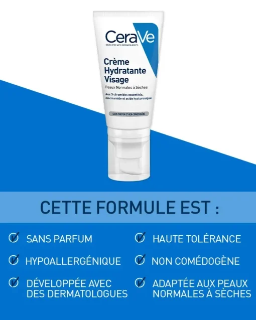 CeraVe Crème Hydratante Visage 50 ml avec formule sans parfum et non comédogène