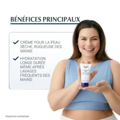 Crème pour les mains Eucerin UreaRepair Plus, bénéfices principaux : hydratation longue durée et peau rugueuse
