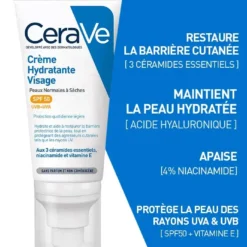 CeraVe Crème Hydratante Visage SPF50 avec protection contre les rayons UVA et UVB.