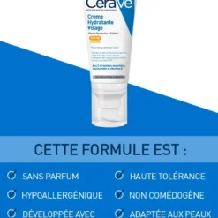 CeraVe Crème Hydratante Visage sans parfum, non comédogène, et haute tolérance.