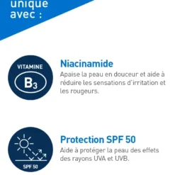 Formule unique CeraVe avec niacinamide et protection SPF50 contre les UVA et UVB.