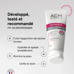 Lait corporel éclaircissant ACM Dépiwhite avec recommandations des dermatologues.