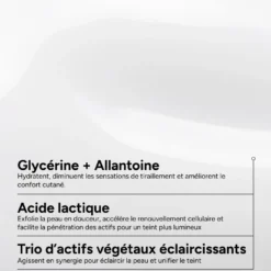 Ingrédients clés du lait corporel éclaircissant ACM Dépiwhite : glycérine, allantoïne, acide lactique et actifs végétaux.
