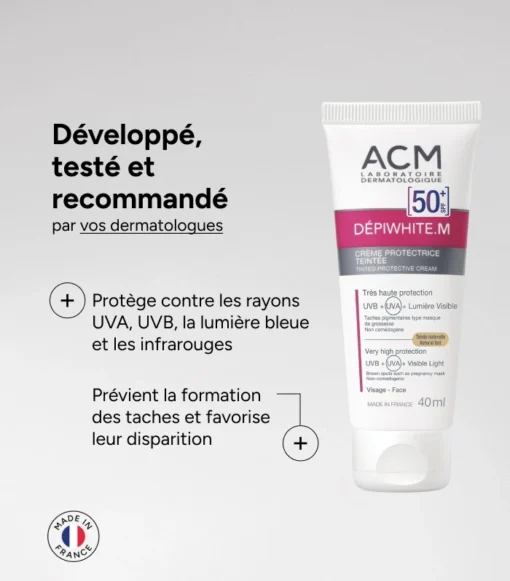 Crème protectrice teintée ACM Dépiwhite.M SPF 50, recommandée par les dermatologues.