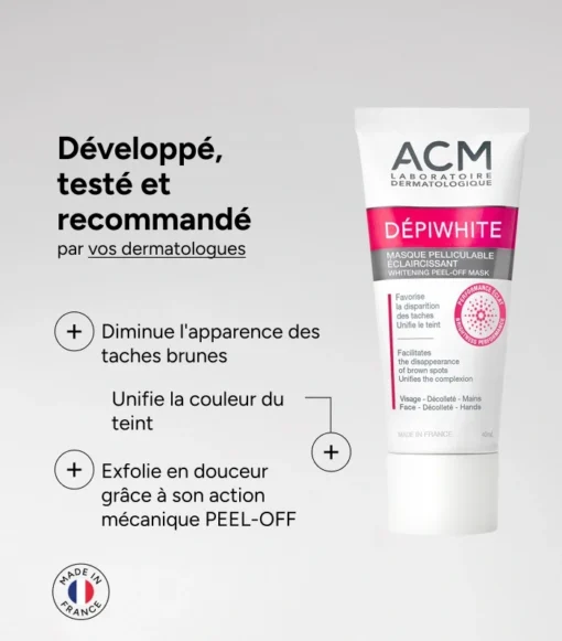 Masque pelliculable éclaircissant Dépiwhite recommandé par les dermatologues, 40 ml.