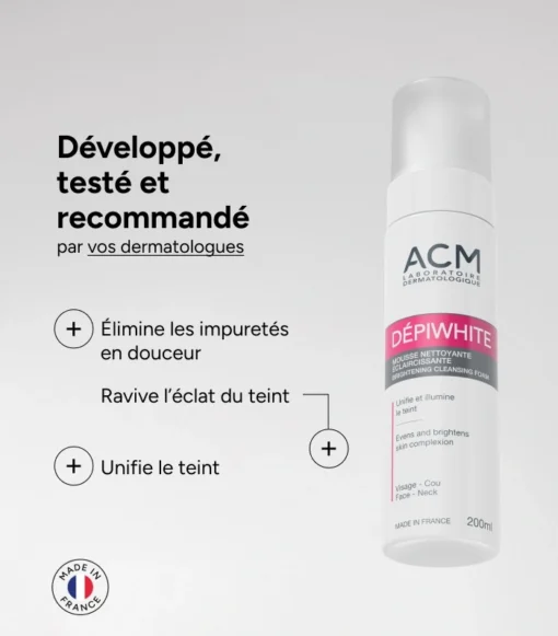 Mousse nettoyante éclaircissante Dépiwhite recommandée par les dermatologues, 200 ml.