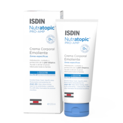 Flacon et boîte de la crème corporelle émolliente ISDIN Nutratopic Pro-AMP 200 ml.