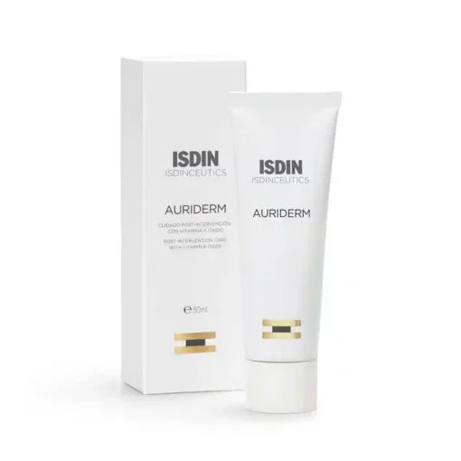 Tube et emballage du soin post-intervention ISDIN Auriderm, 50 ml.