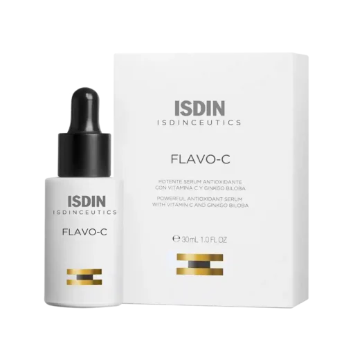 Sérum antioxydant ISDIN Flavo-C avec vitamine C et Ginkgo Biloba, flacon de 30 ml.