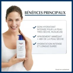 Principaux bénéfices de Eucerin UreaRepair Plus : hydratation intense, apaisement immédiat et longue durée.