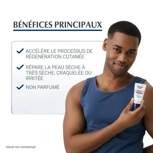 Bénéfices principaux du baume réparateur Eucerin Aquaphor : accélère la régénération cutanée, répare la peau sèche à très sèche.