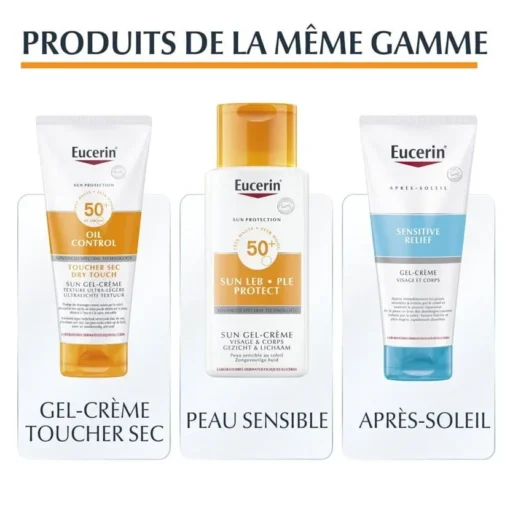 Produits de la gamme Eucerin Sun Protection : Oil Control, Sun Gel-Crème, et Après-Soleil.