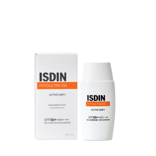 Flacon et boîte de la crème ISDIN Fotoultra 100 Active Unify SPF 50+.