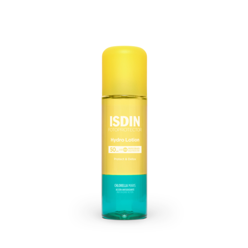 Flacon d'ISDIN Hydro Lotion SPF50 pour une protection solaire et une action détoxifiante.