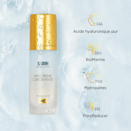 Sérum ISDIN Hyaluronic Concentrate avec acide hyaluronique pur et ingrédients biomarins.