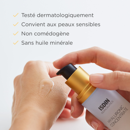 Sérum ISDIN Hyaluronic Concentrate testé dermatologiquement et adapté aux peaux sensibles.